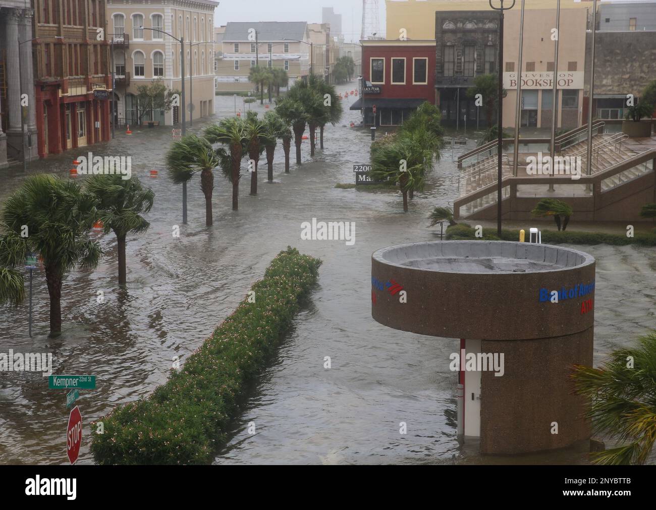 The historical downtown Galveston is underwater from the rain overnight on Tuesday, August 29