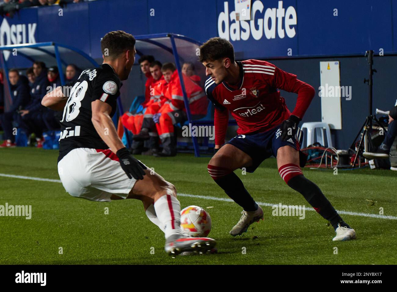 Pamplona, Spain. 1st Mar. 2023. Sports. Football/Soccer. De Marcos (18. Athletic Club) and Aimar Oroz (22. CA Osasuna) during the first leg football match of the semifinal of the Copa del Rey between CA Osasuna and Athletic Club played at El Sadar stadium in Pamplona (Spain) on March 1, 2023. Credit: Iñigo Alzugaray/Alamy Live News Stock Photo