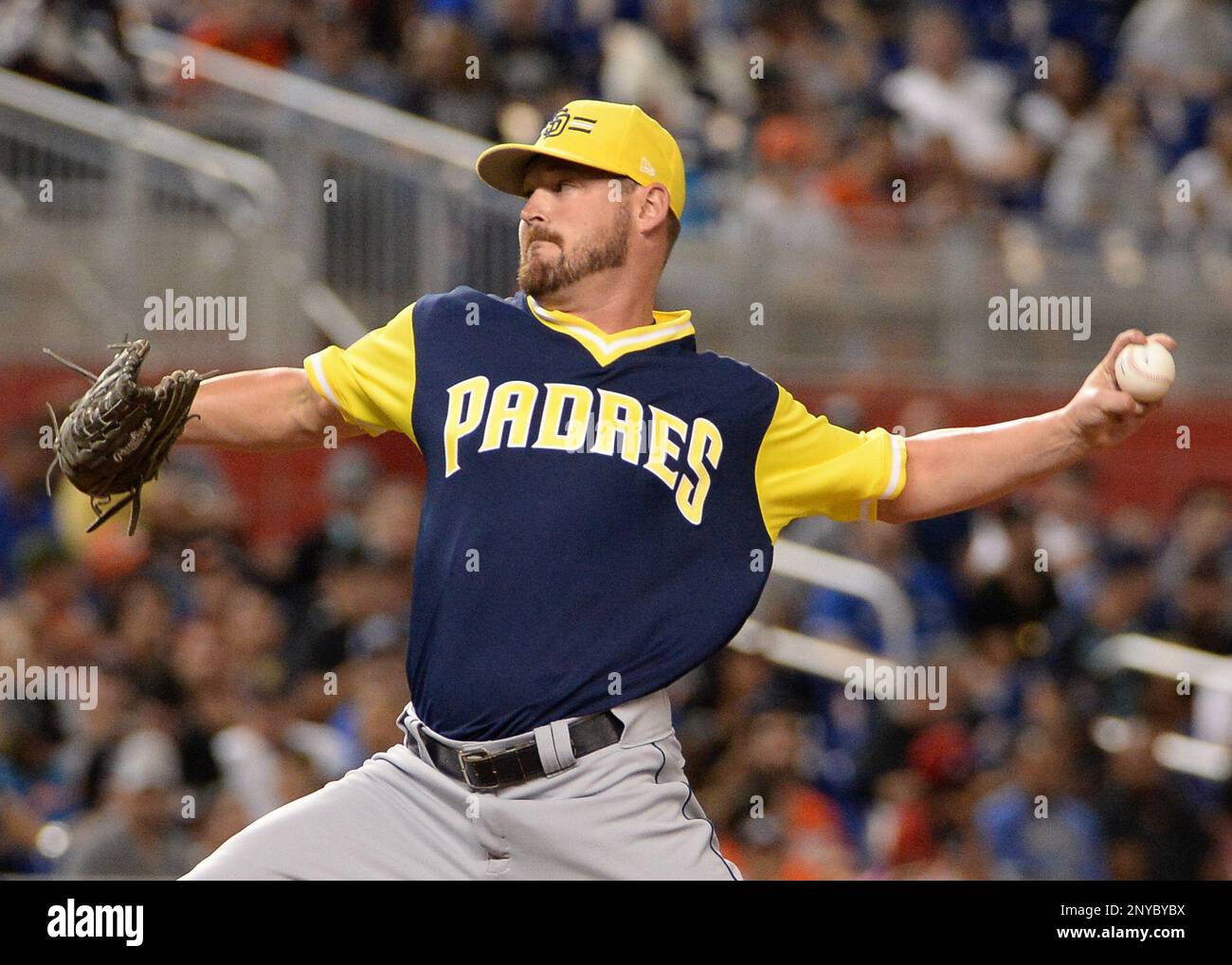 MIAMI, FL - AUGUST 25: San Diego Padres relief pitcher Travis Wood (37)  throws a pitch during a game between the Miami Marlins and the San Diego  Padres on August 25, 2017