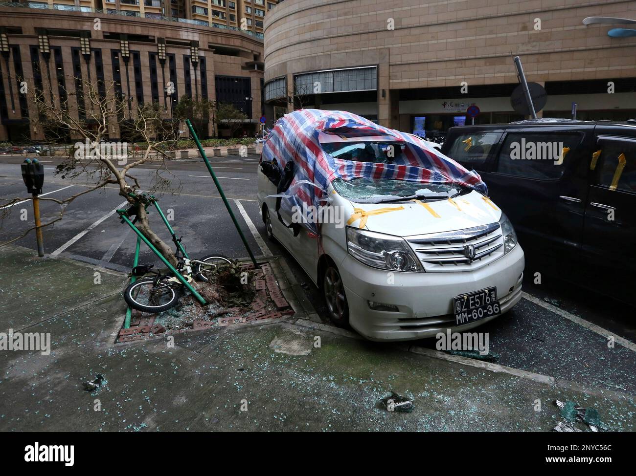 Damaged cars and a fallen tree caused by tropical storm Pakhar are seen ...