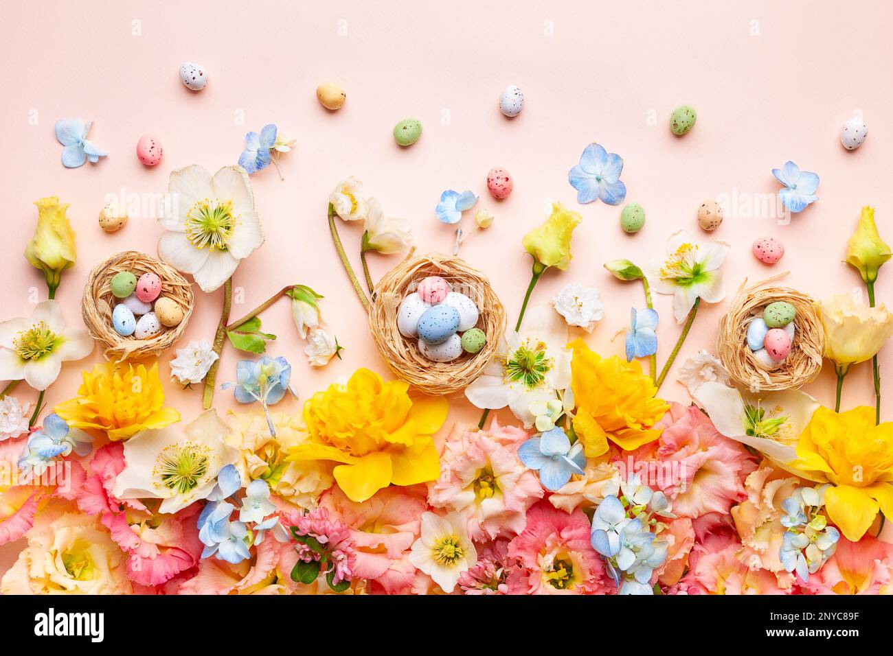 Easter composition with Spring Flowers and Easter eggs in nest on ...