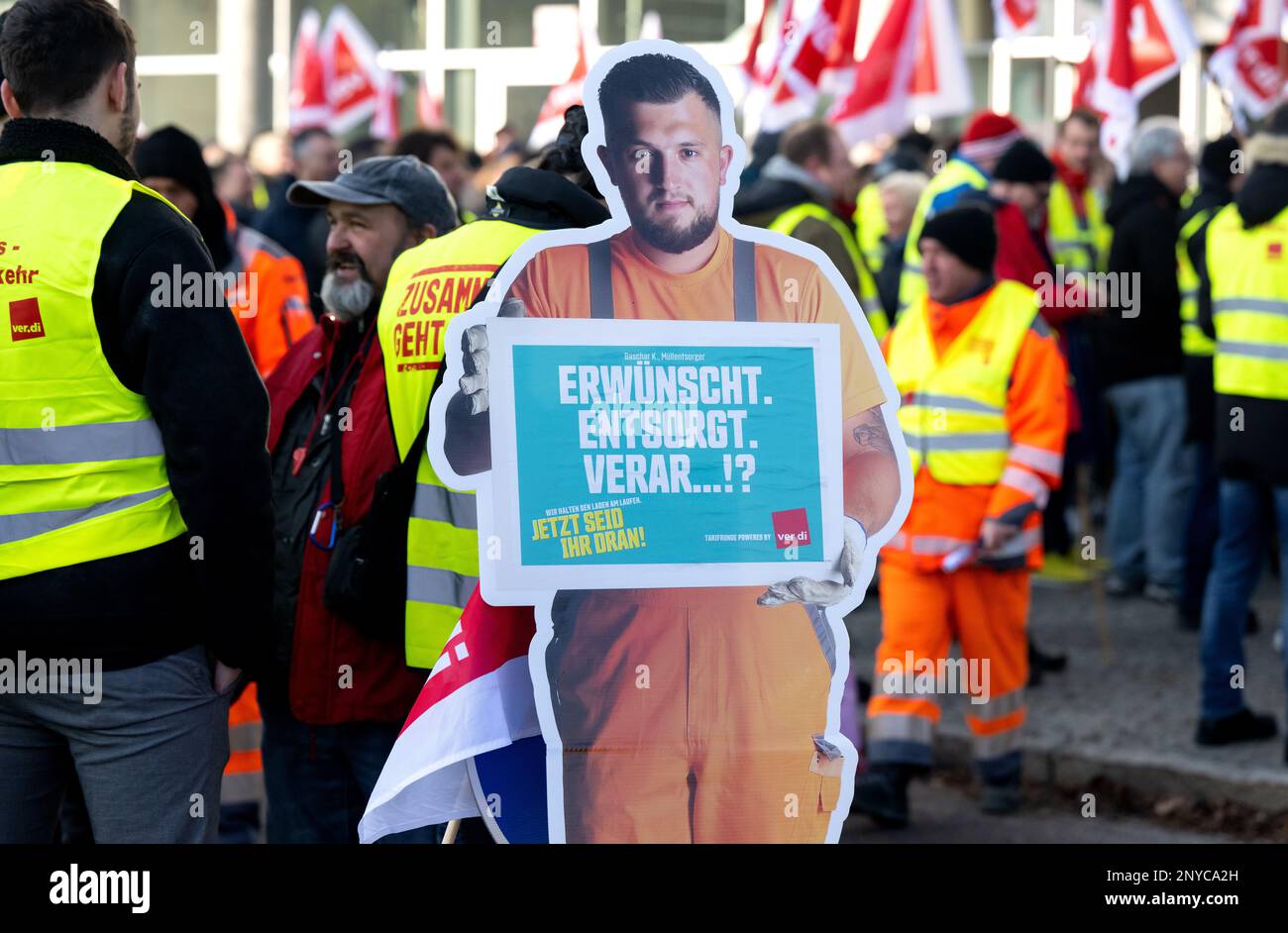 Munich, Germany. 02nd Mar, 2023. A cardboard figure with the inscription 'Desired. Disposed of. Verar.!?' is seen during the rally by employees of the Munich Transport Company (MVG), the Munich Waste Management Company (AWM) and the Munich Municipal Works (SWM). In Munich, large parts of the public transport system are at a standstill on Thursday and Friday. Verdi is striking subways and streetcars, and about half of the buses will also not run. Credit: Sven Hoppe/dpa/Alamy Live News Stock Photo
