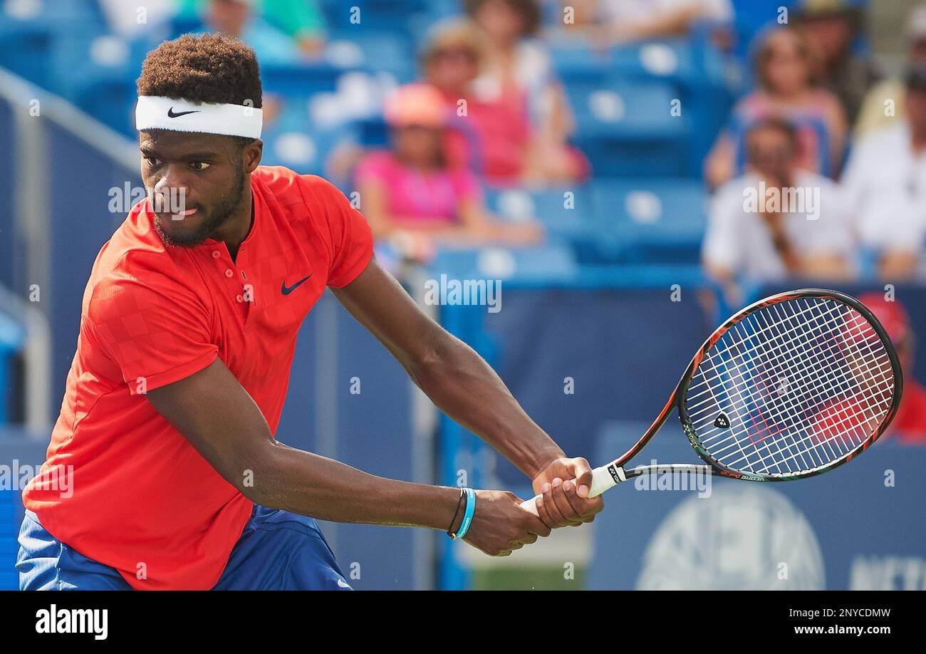 CINCINNATI, OH - AUGUST 16: Frances Tiafoe of the United States hits a  backhand during a match on Day 5 in the Western & Southern Open on August  16, 2017 at the