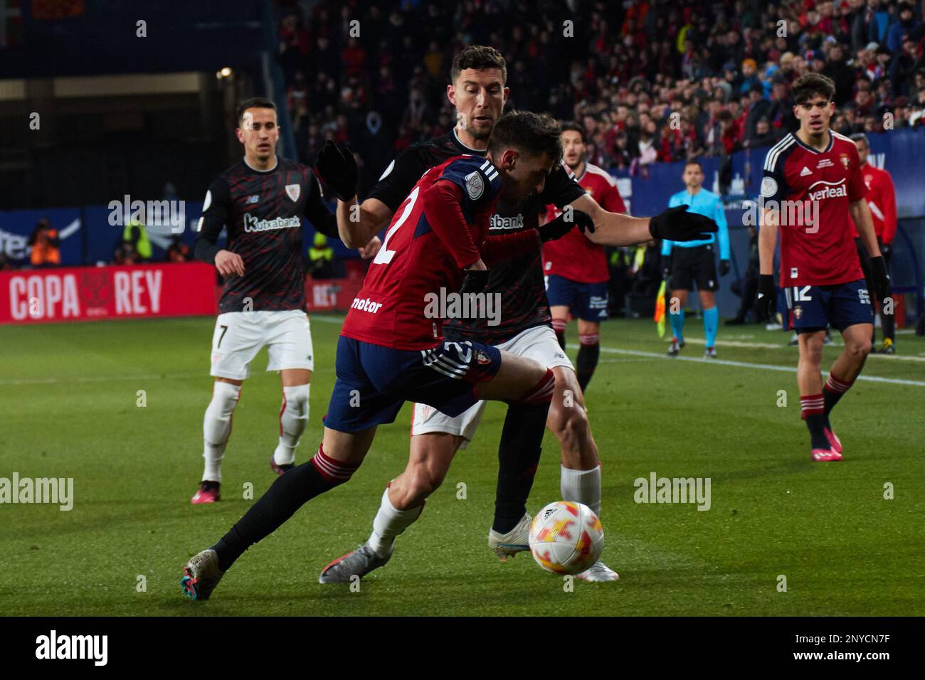 Pamplona, Spain. 1st Mar. 2023. Sports. Football/Soccer. Aimar Oroz (22. CA Osasuna) and De Marcos (18. Athletic Club) during the first leg football match of the semifinal of the Copa del Rey between CA Osasuna and Athletic Club played at El Sadar stadium in Pamplona (Spain) on March 1, 2023. Credit: Iñigo Alzugaray/Alamy Live News Stock Photo