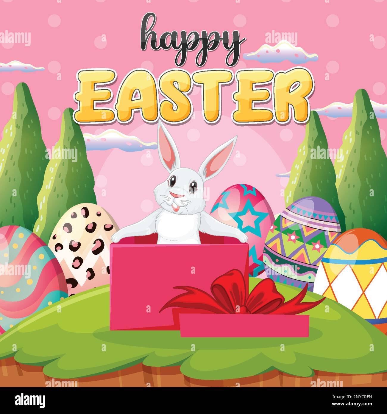Happy Easter Day Poster with Colorful Eggs and Cute Bunny illustration ...
