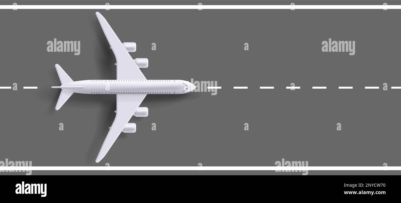 3d illustration of airplane jet top view on runway, banner template digital graphic vector illustration Stock Vector