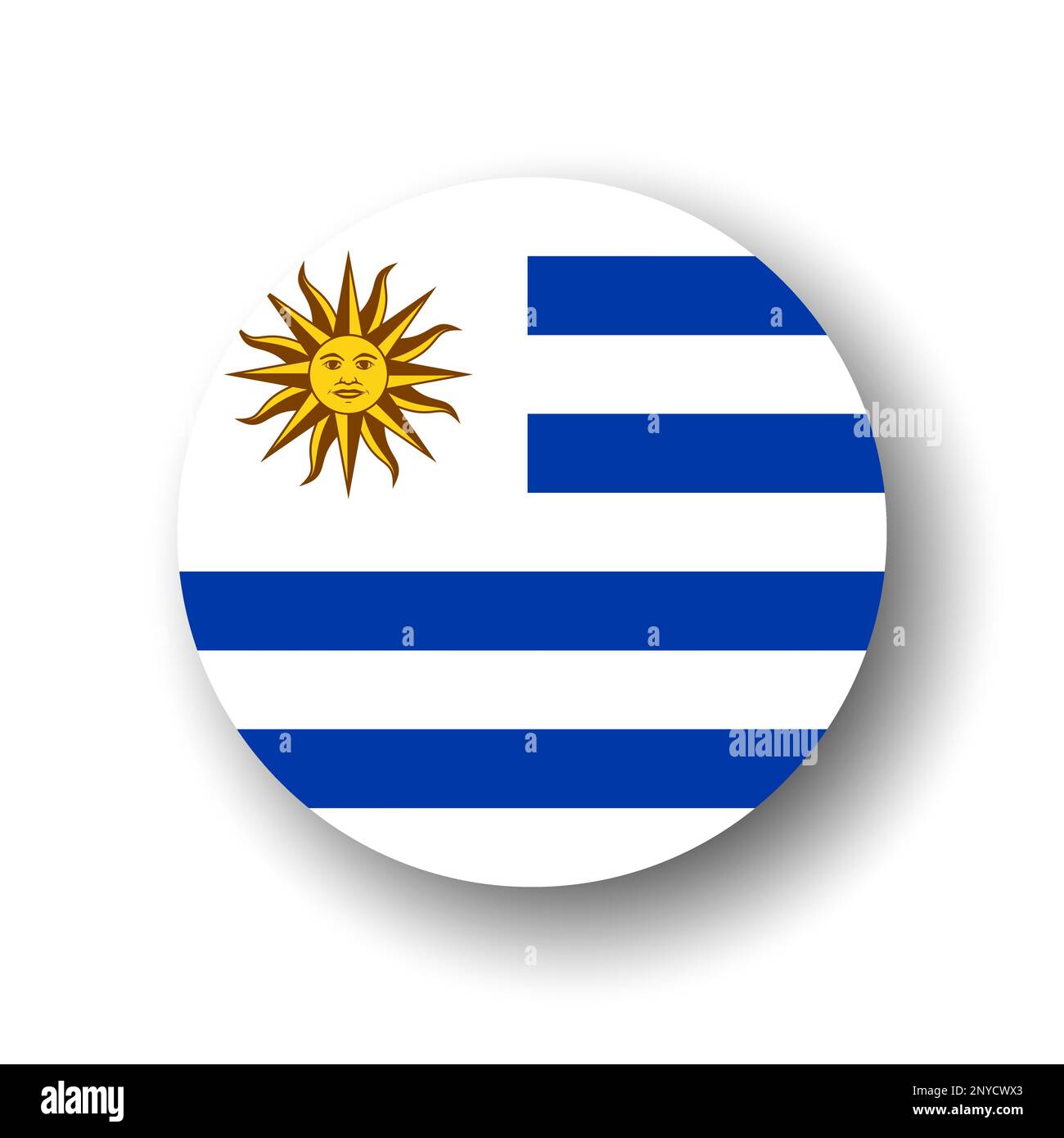 Uruguay flag - flat vector circle icon or badge with dropped shadow. Stock Vector