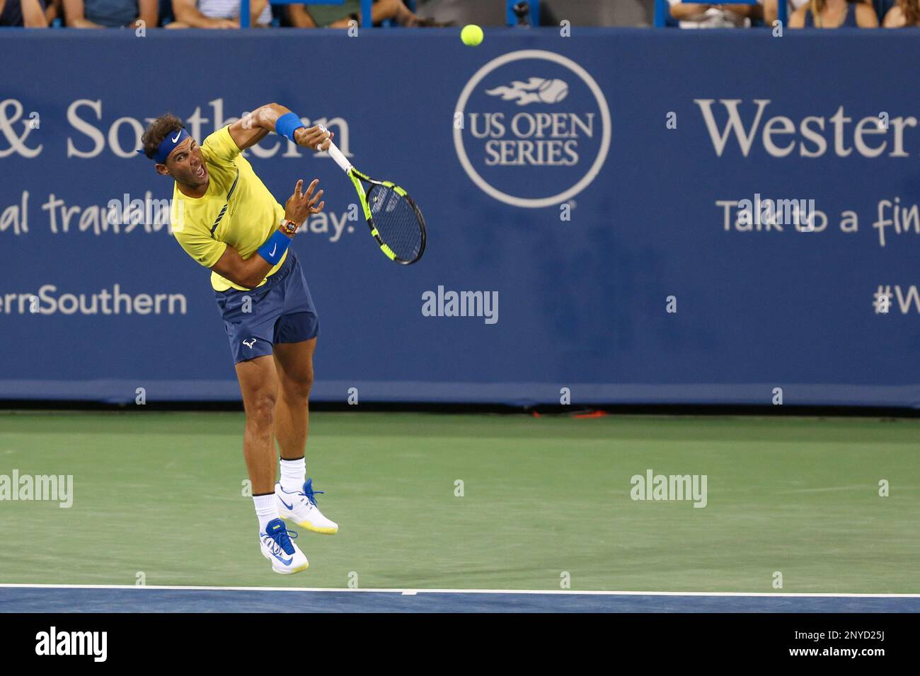 CINCINNATI, OH - AUGUST 18: Rafael Nadel (ESP) serves during the Western &  Southern Open at the Lindner Family Tennis Center in Mason, Ohio on August  18th, 2017. (Photo by Ian Johnson/Icon