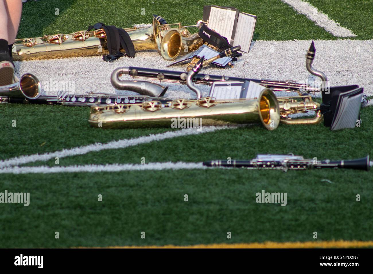 High school band instruments up close on foot ball field . High quality photo Stock Photo