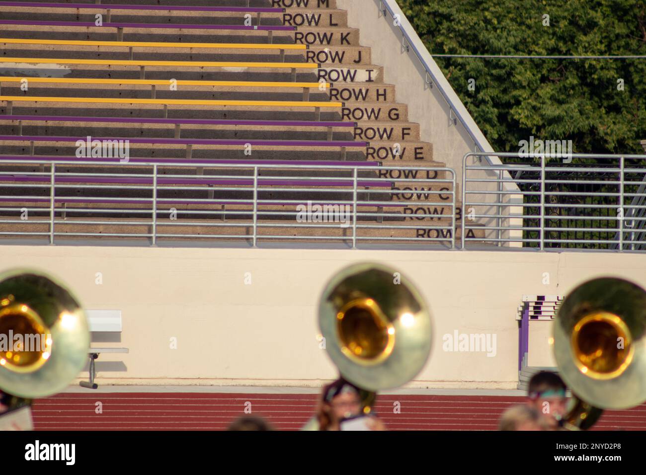 High school sousaphone players up close on foot ball field . High quality photo Stock Photo