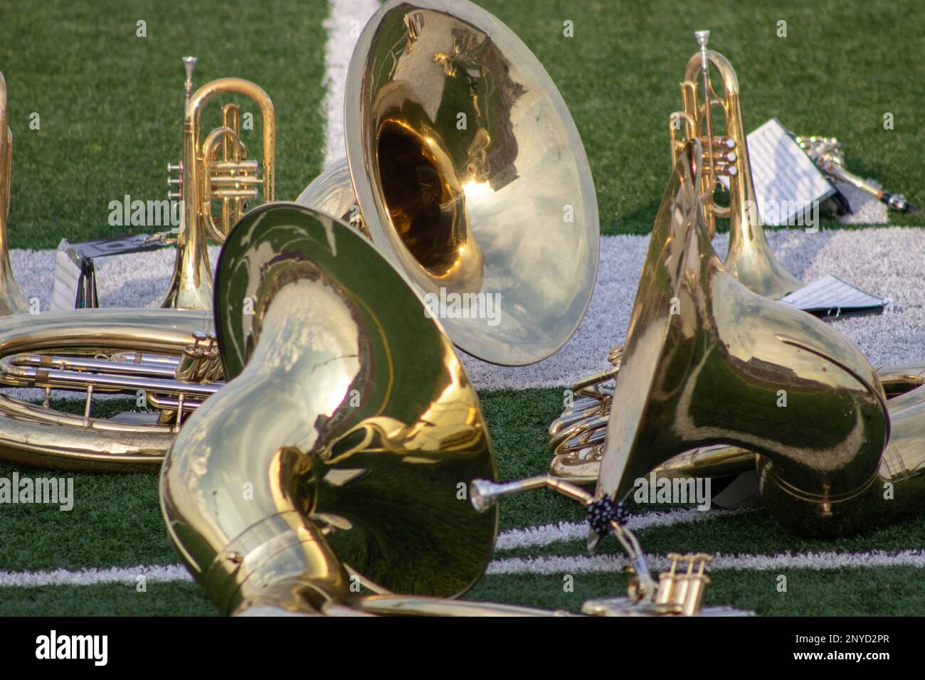 High school band instruments up close on foot ball . High quality photo Stock Photo