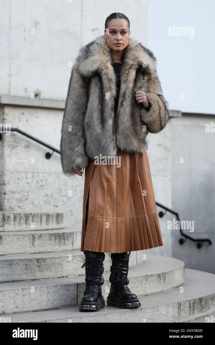 Sarah Lysander poses for photographers upon arrival at the Paco Rabanne