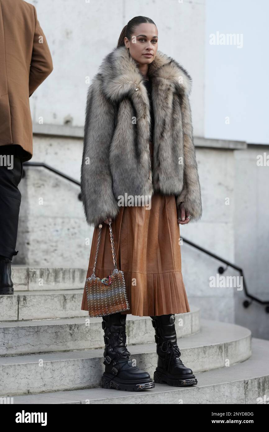 Sarah Lysander poses for photographers upon arrival at the Paco Rabanne