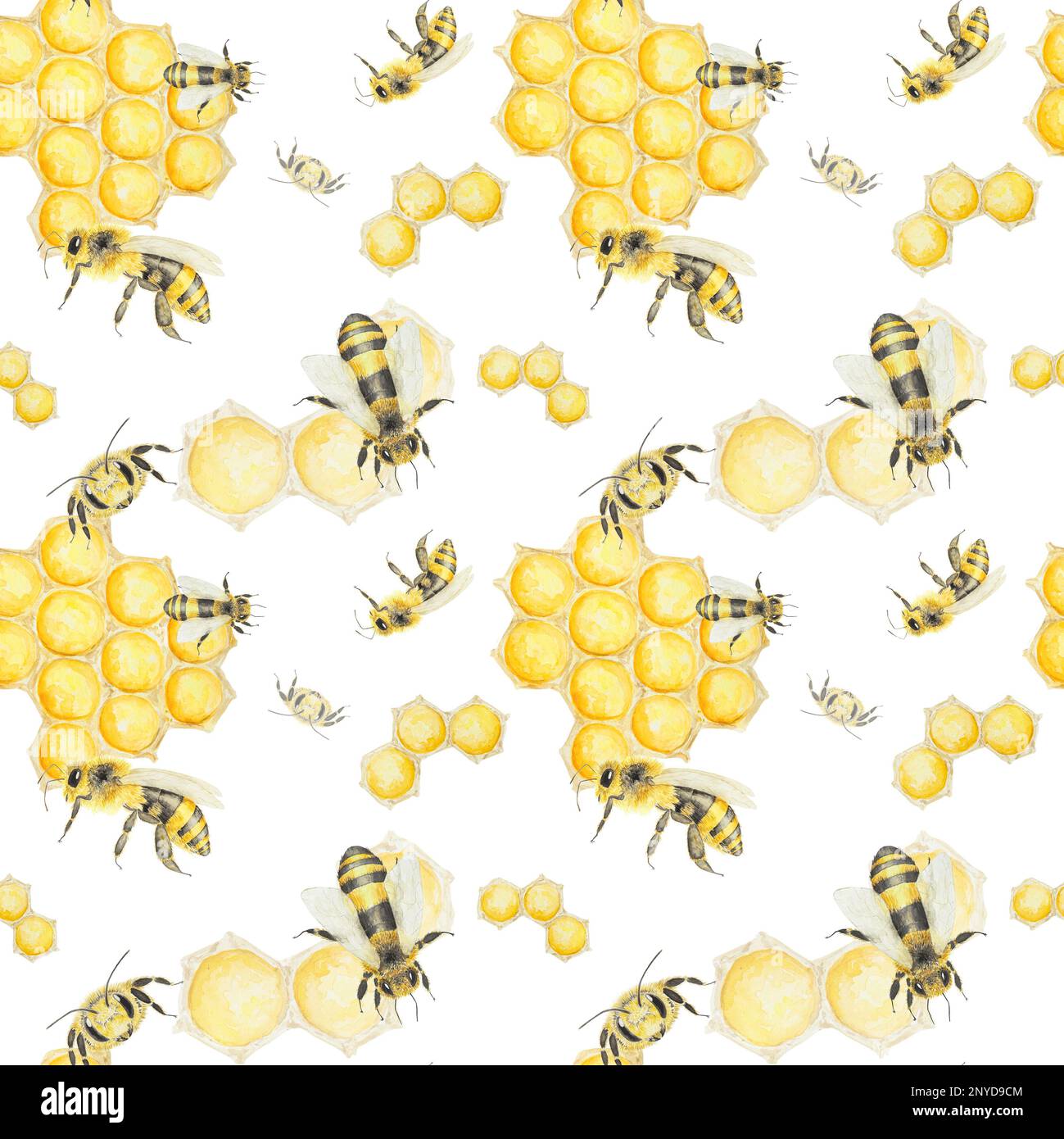 Watercolor hand drawn pattern of bees and honey isolated on white ...