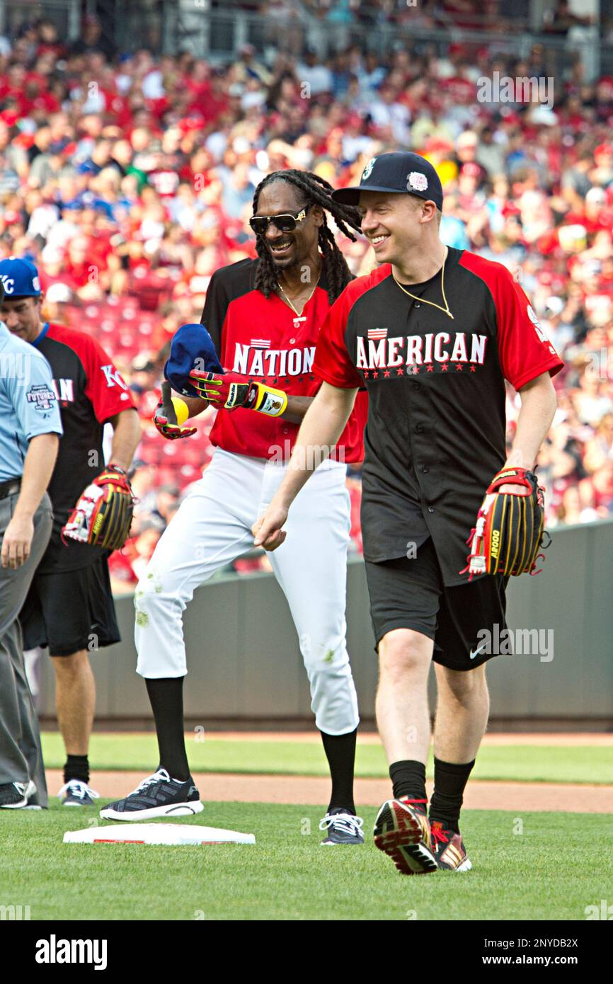 Rapper Macklemore plays in the MLB All-Star Legends and Celebrity Softball  Game during All-Star Sunday at Great American Ball Park on July 12, 2015,  in Cincinnati. (Photo by Amy Harris/Invision/AP Stock Photo 