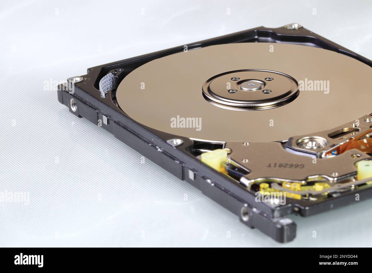 Close up view of internal computer hard drive 2.5' SAS, can see disk surface and head with shallow focus isolated on white background. Stock Photo