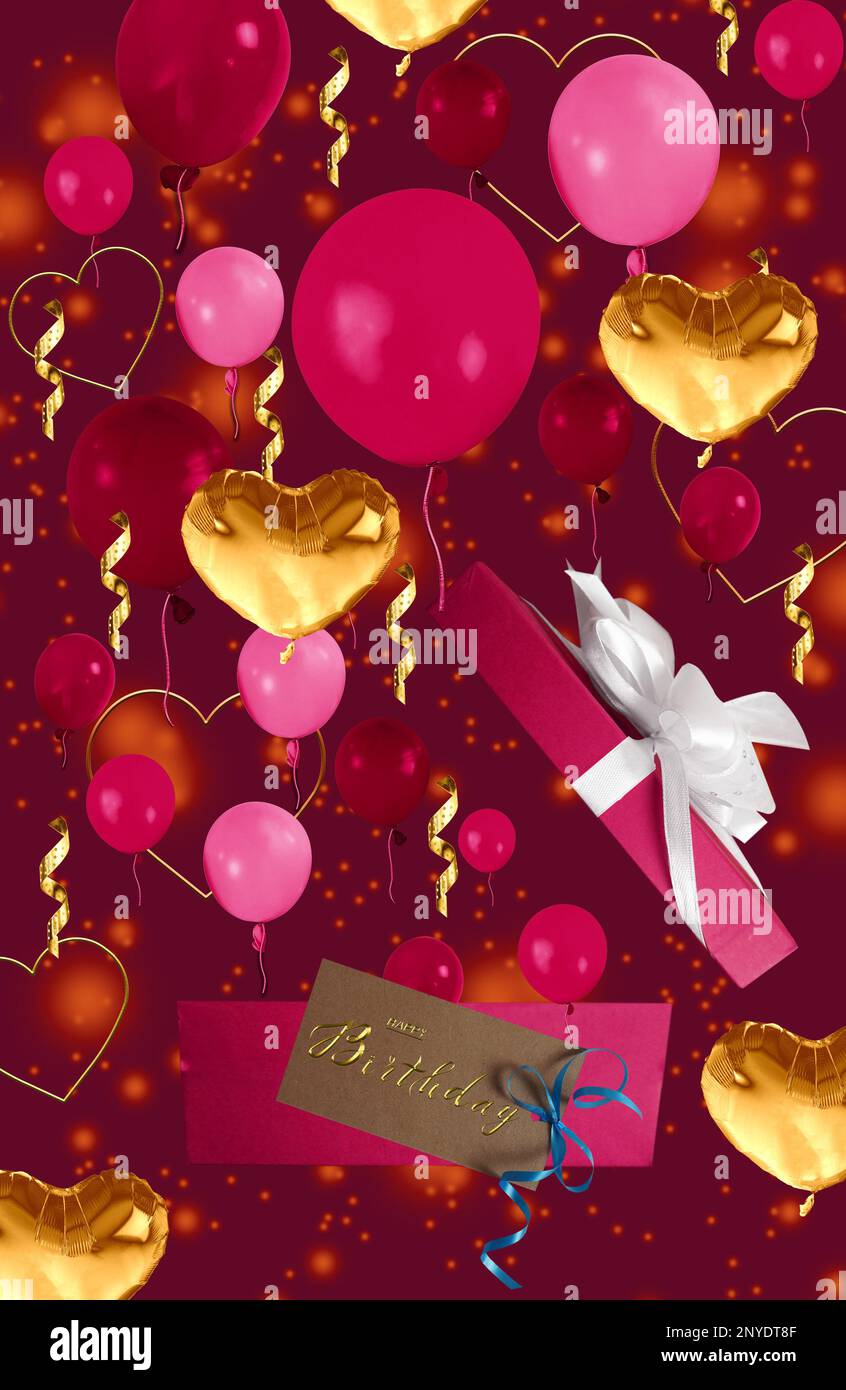 Beautiful card happy birthday with balloons Stock Photo - Alamy