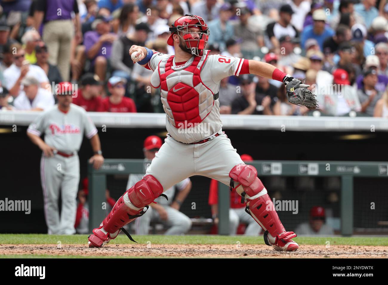 Philadelphia Phillies catcher Cameron Rupp (29) makes the throw to ...