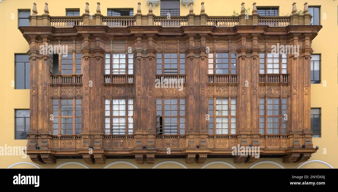 Balconies on the Plaza de Armas, Lima, Peru Stock Photo