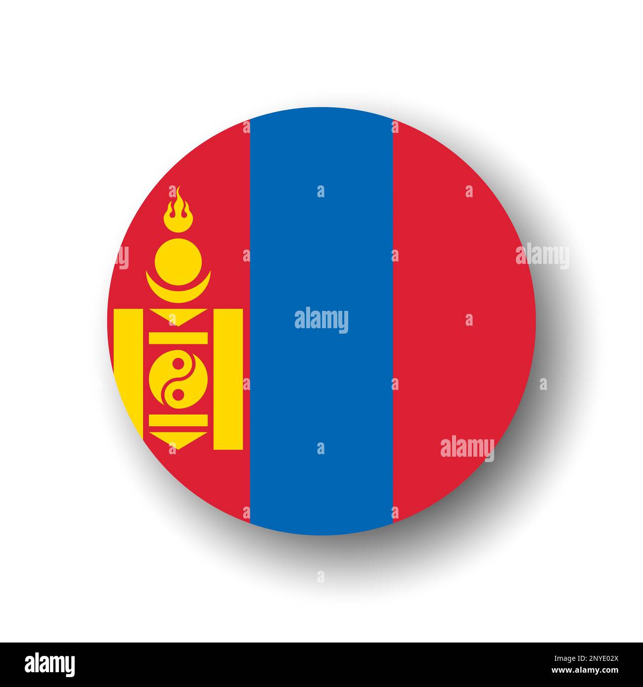 Mongolia flag - flat vector circle icon or badge with dropped shadow. Stock Vector