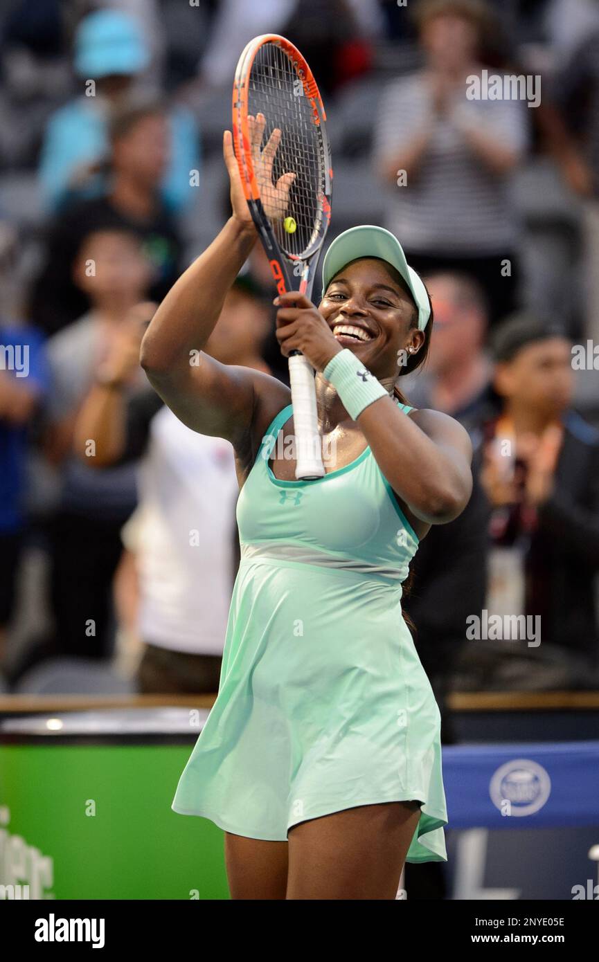 TORONTO, ON - AUGUST 11: Sloane Stephens of the United States (USA) reacts  after winning her quarter-finals match of the 2017 Rogers Cup tennis  tournament on August 11, 2017 at Aviva Centre