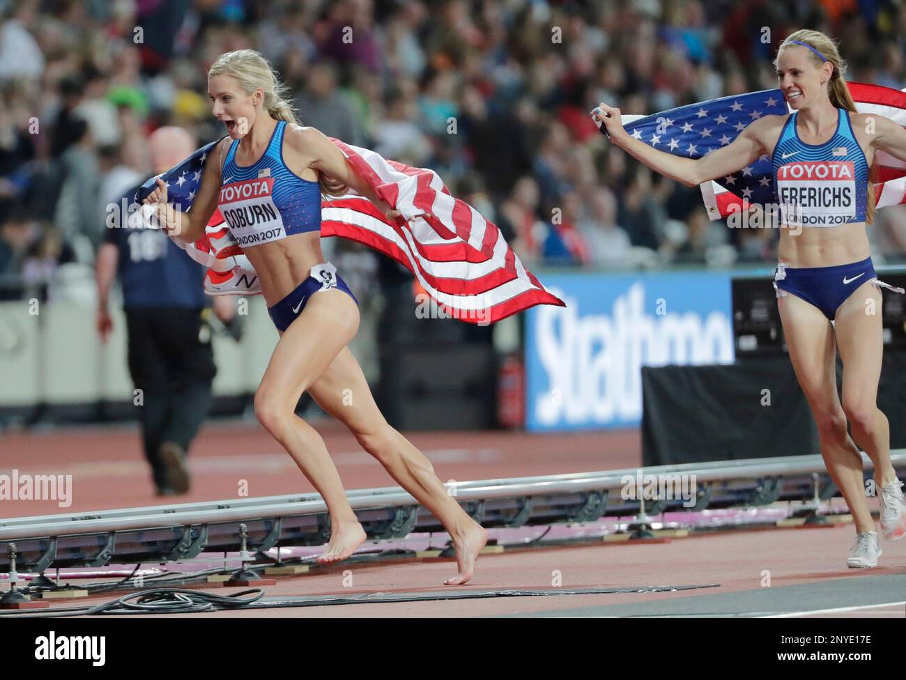 United States' Emma Coburn, left, the gold medal winner, celebrates