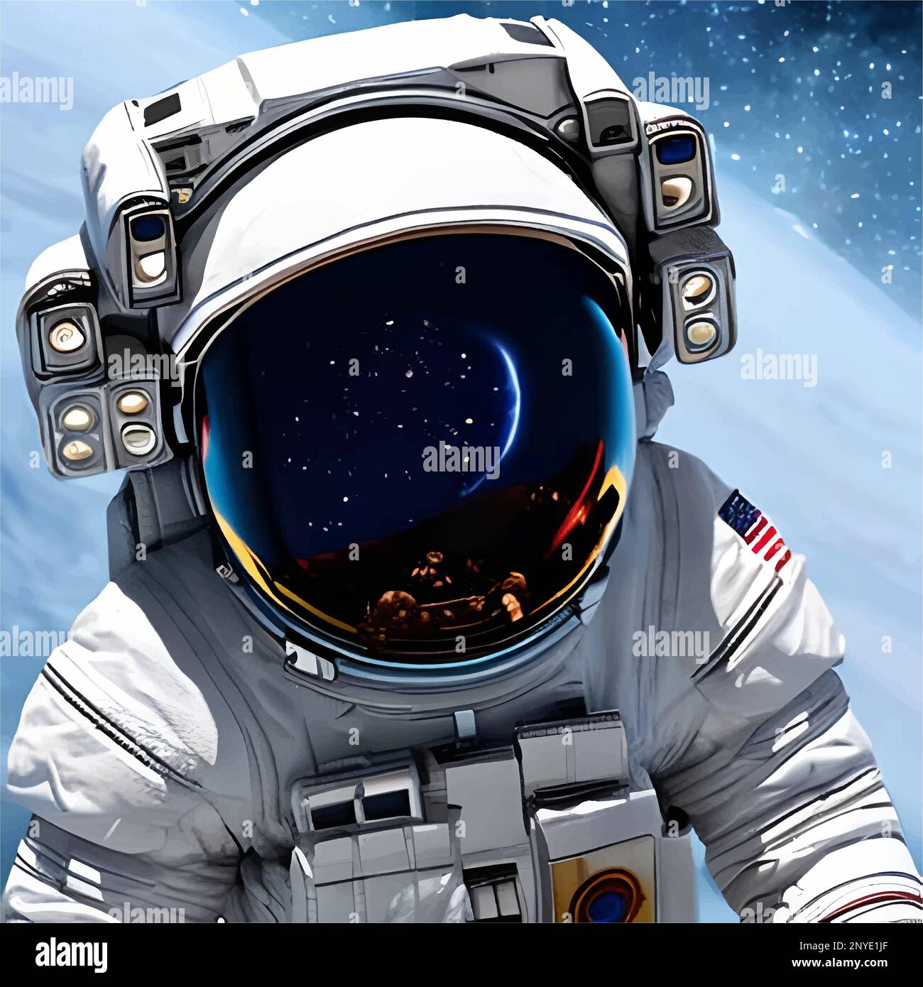 American astronaut figure in the open space vector illustration. Space helmet with the reflection Stock Vector