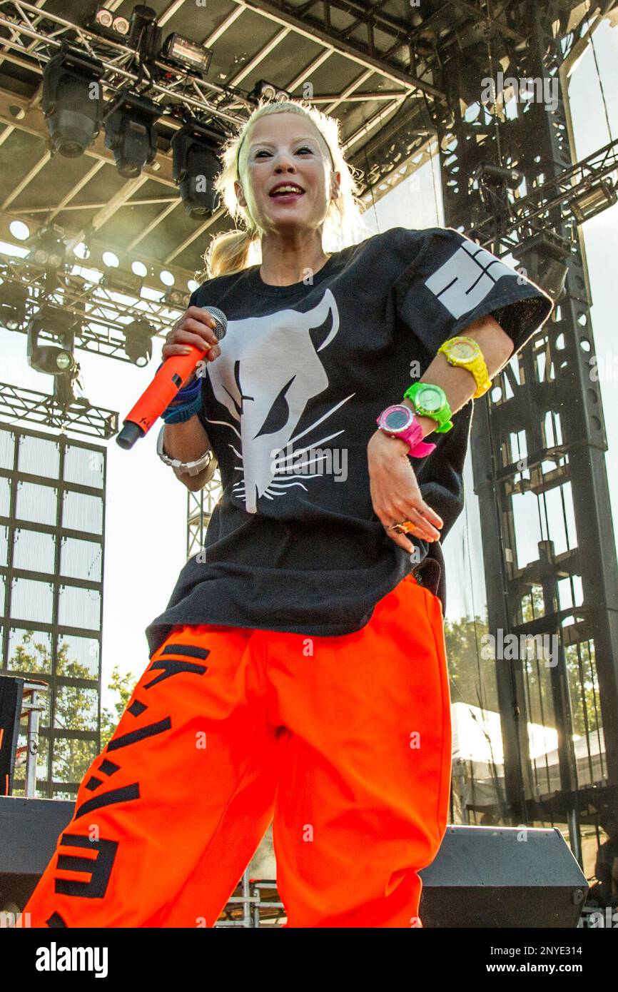 Yolandi Visser of Die Antwoord performs during Riot Fest on Sept. 13, 2014, in Chicago. (Photo by Amy Harris/Invision/AP) Stock Photo