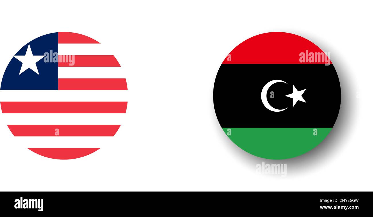 Libya flag - flat vector circle icon or badge with dropped shadow. Stock Vector