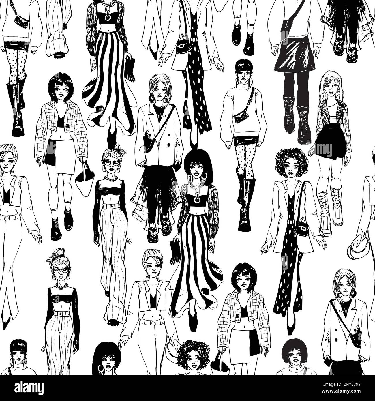 Seamless pattern. Women in trendy clothes. Defile sketch Stock Vector Image  & Art - Alamy