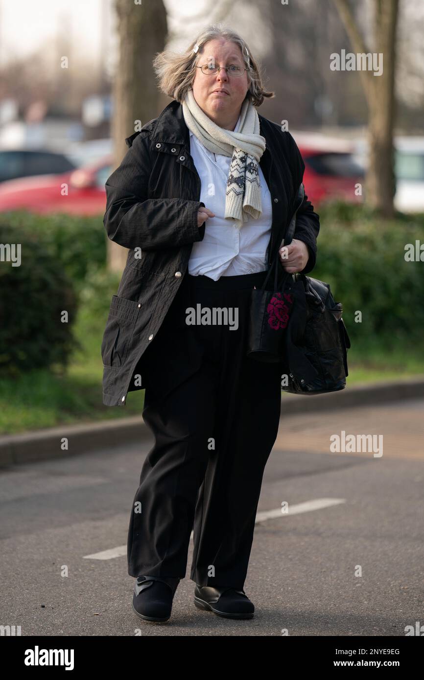 Auriol Grey arriving at Peterborough Crown Court, Cambridgeshire, for sentencing for the manslaughter of 77-year-old cyclist who had 'angered' her by being on the pavement. Grey, 49, gestured in a 'hostile and aggressive way' towards Celia Ward who fell into the path of an oncoming car in Huntingdon on 20 October 2020. Picture date: Thursday March 2, 2023. Stock Photo