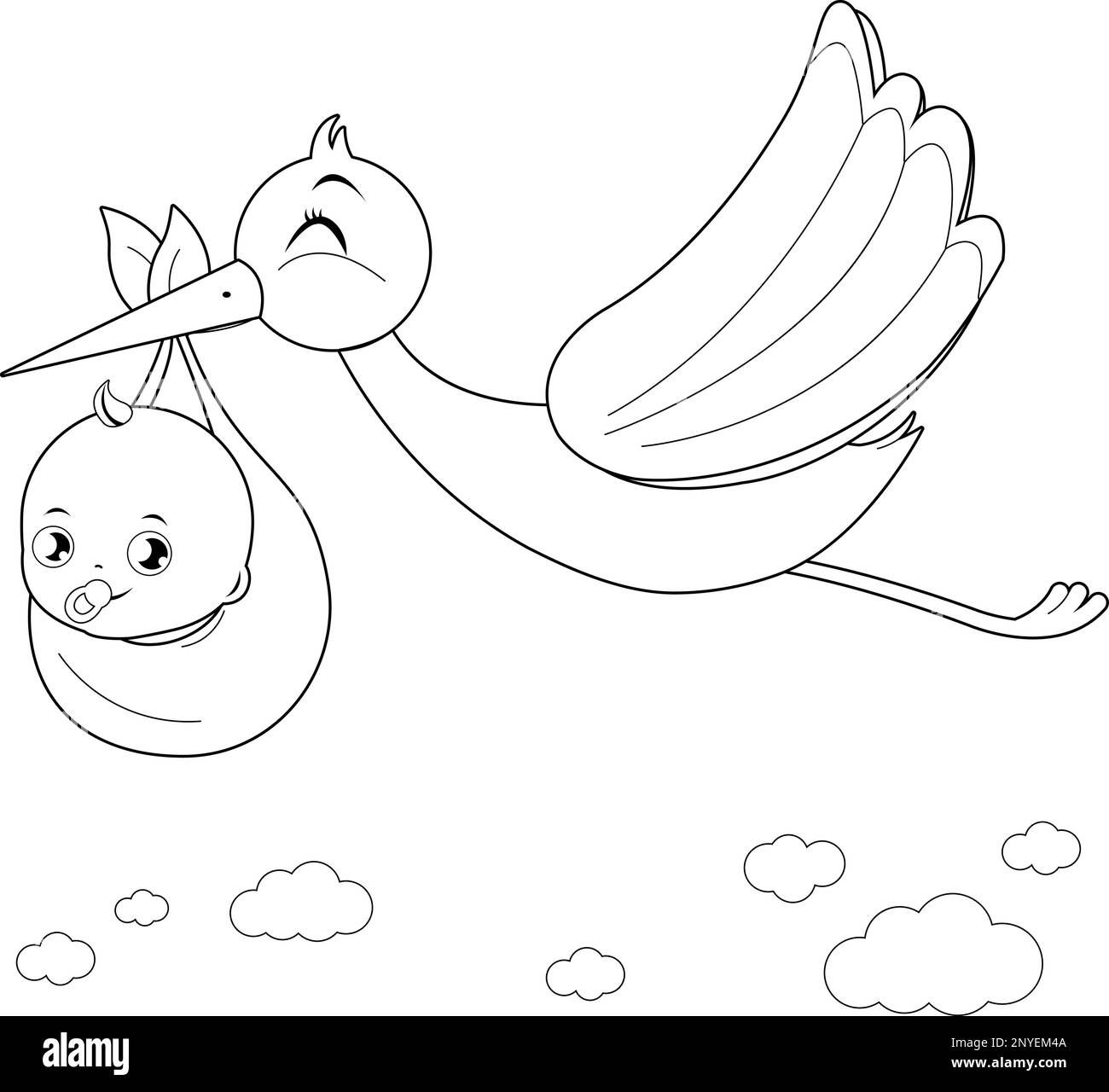 Stork delivering a new baby. Vector black and white coloring page Stock Vector