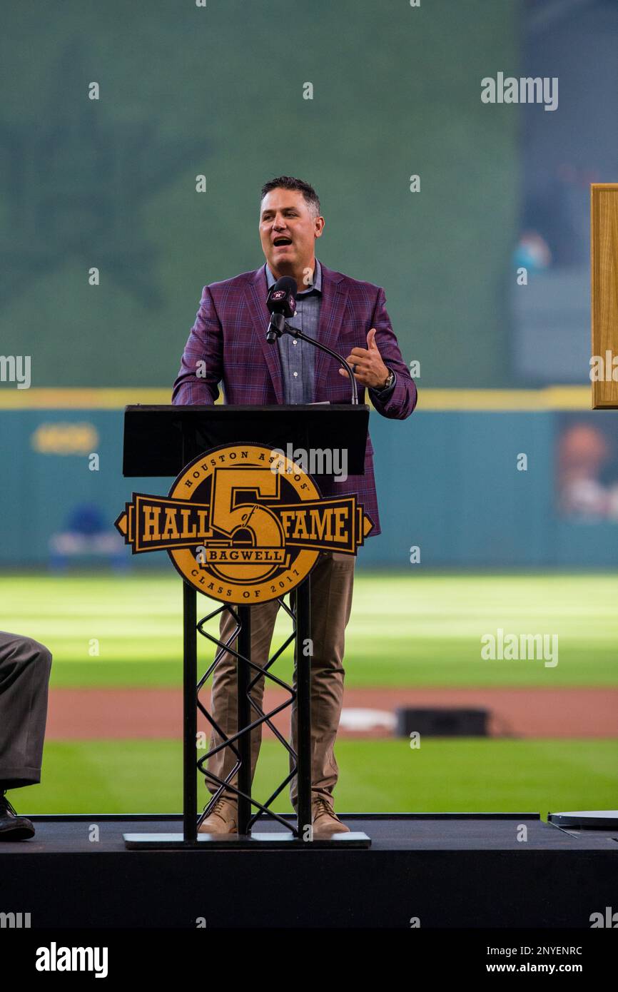HOUSTON, TX - AUGUST 05: Former Houston Lance Berkman guess speaker for  Bagwell's being honored for his Hall of Fame induction prior to an MLB game  between the Houston Astros and the