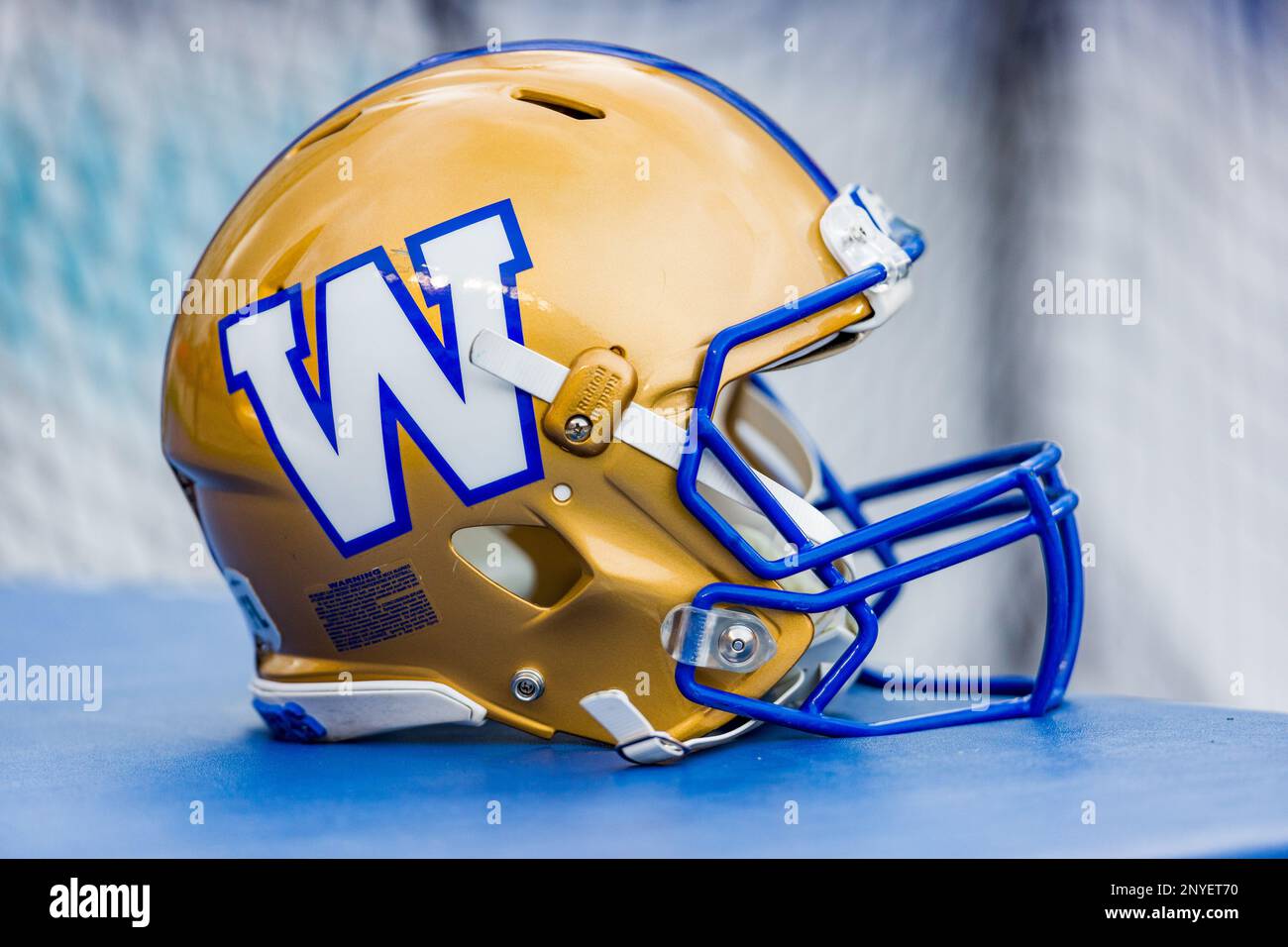 OTTAWA, ON - AUGUST 04: Winnipeg Blue Bombers helmet sits on the bench  before Canadian Football League action between Winnipeg Blue Bombers and  Ottawa RedBlacks on August 4, 2017 at TD Place, image size:1300x956