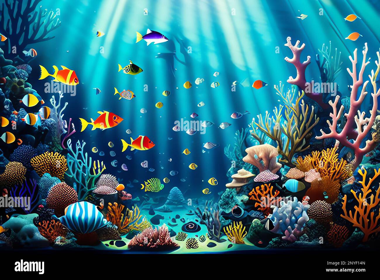 Coral reef underwater world with marine animals silhouettes and algae  seaweeds, sea bottom cartoon background - Generative AI Stock Photo - Alamy
