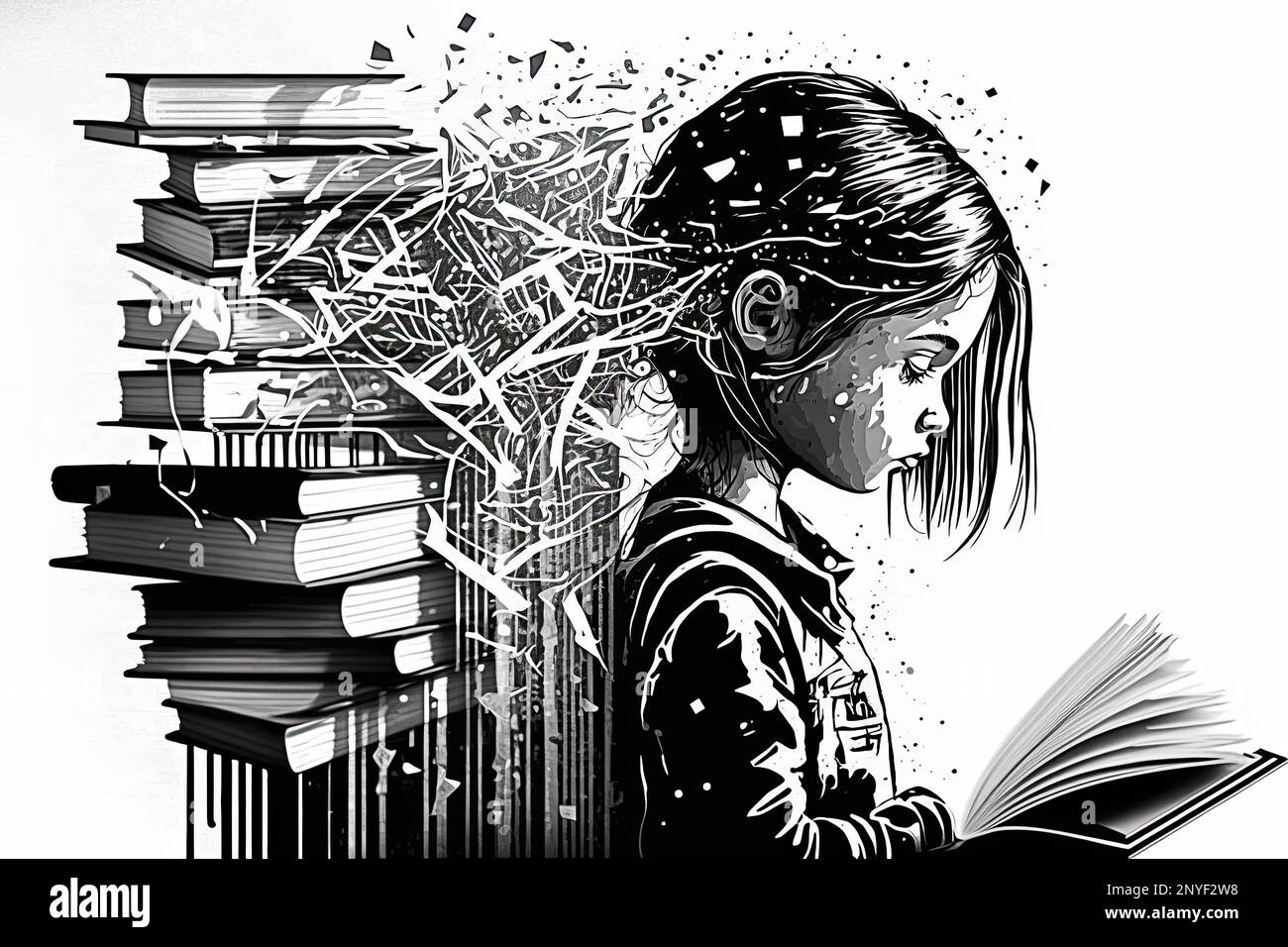 abstract drawing of a girl reading a book and a stack of books flying ...