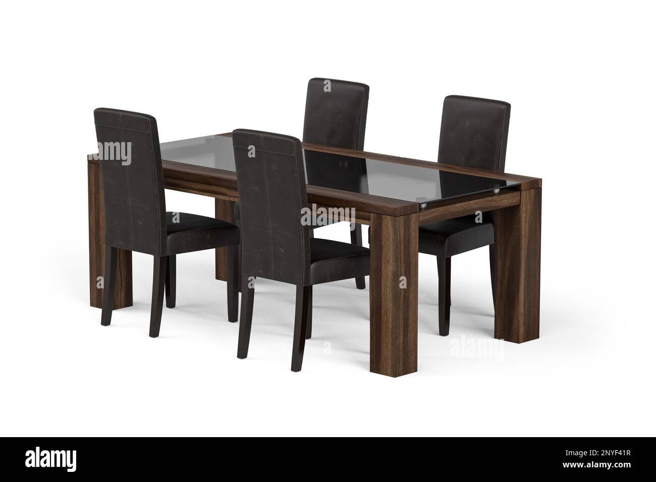 Wooden dining table with glass top and four chairs isolated on white