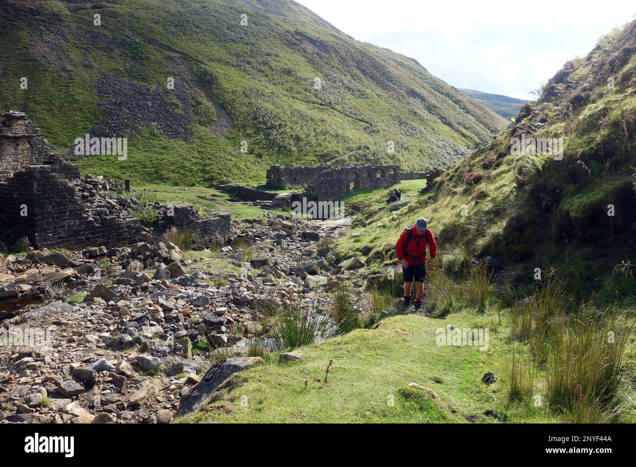 Man Walking up Blind Gill from Blakethwaite Smelt Mill by Gunnerside Beck in Swaledale, Yorkshire Dales National Park, Yorkshire, England, UK Stock Photo