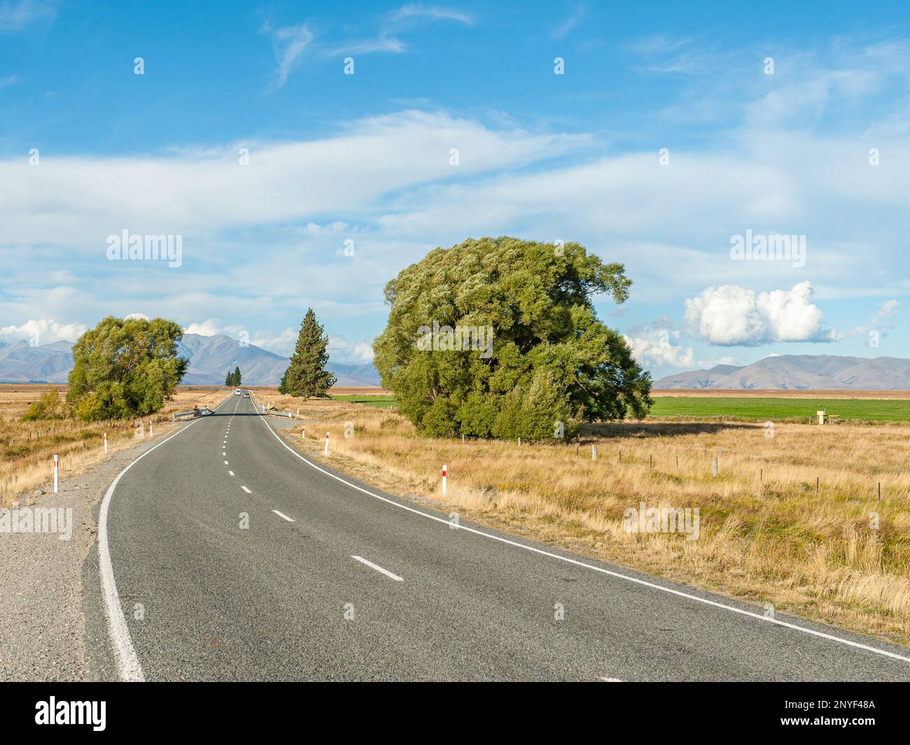 Driving in Mackenzie country  on South Island, which is one the most beautiful regions in New Zealand Stock Photo