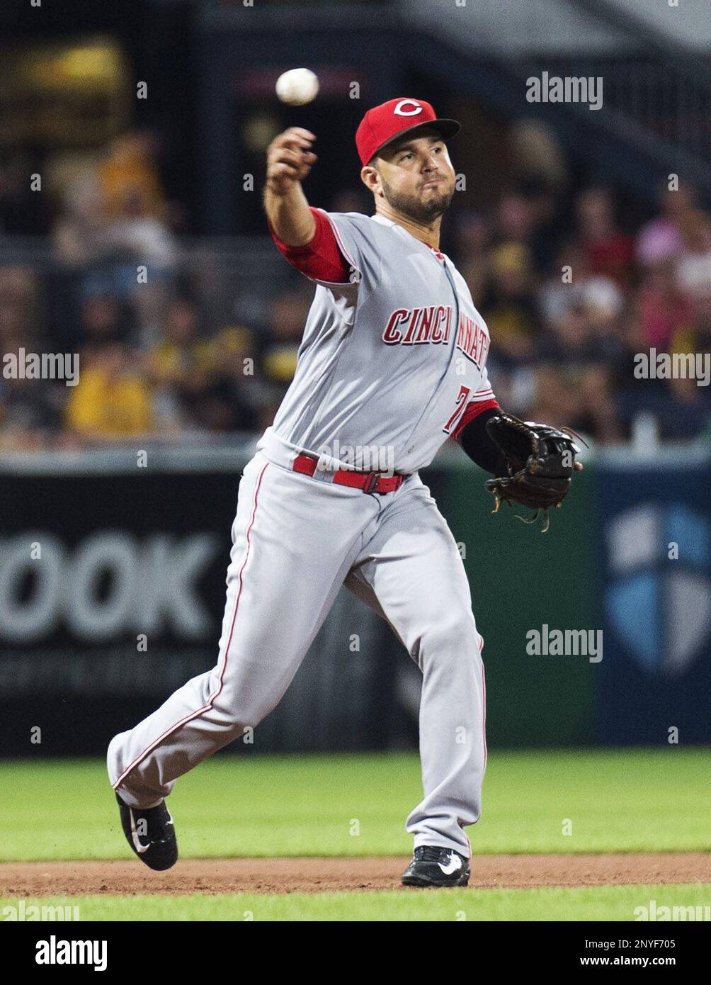 August 2, 2017: Cincinnati Reds third baseman Eugenio Suarez (7) throws to  first against Pittsburgh in their game at PNC Park. Brent Clark/Cal Sport  Media (Cal Sport Media via AP Images Stock