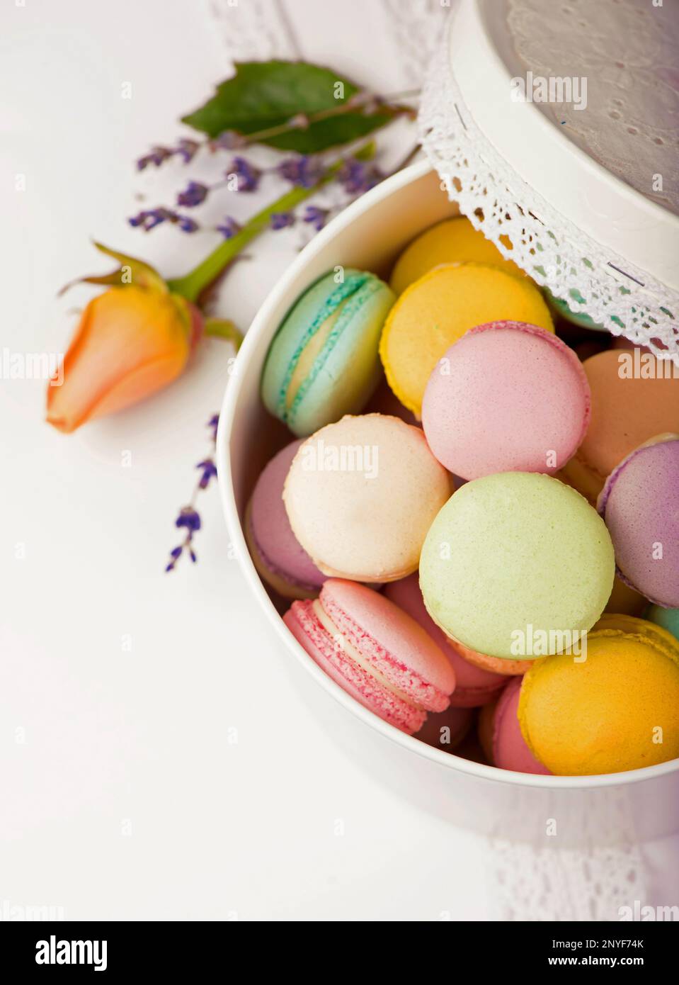 Colorful macaroons in a gift box on a white table Stock Photo