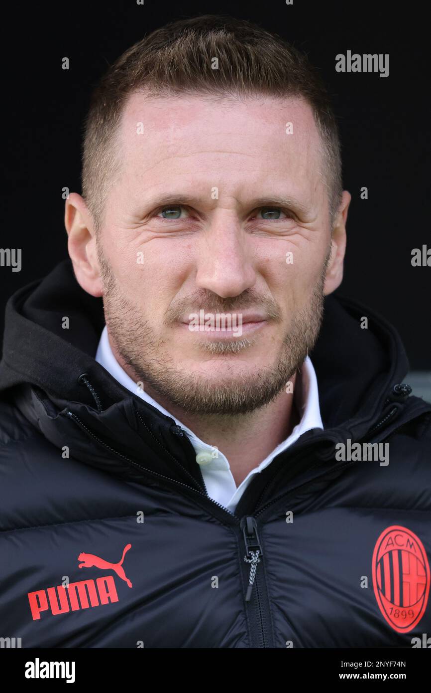 Milan, Italy, 28th February 2023. Ignazio Abate Head coach of AC Milan U19s looks on prior to kick off in the UEFA Youth League match at Centro Sportivo Vismara, Milan. Picture credit should read: Jonathan Moscrop / Sportimage Stock Photo