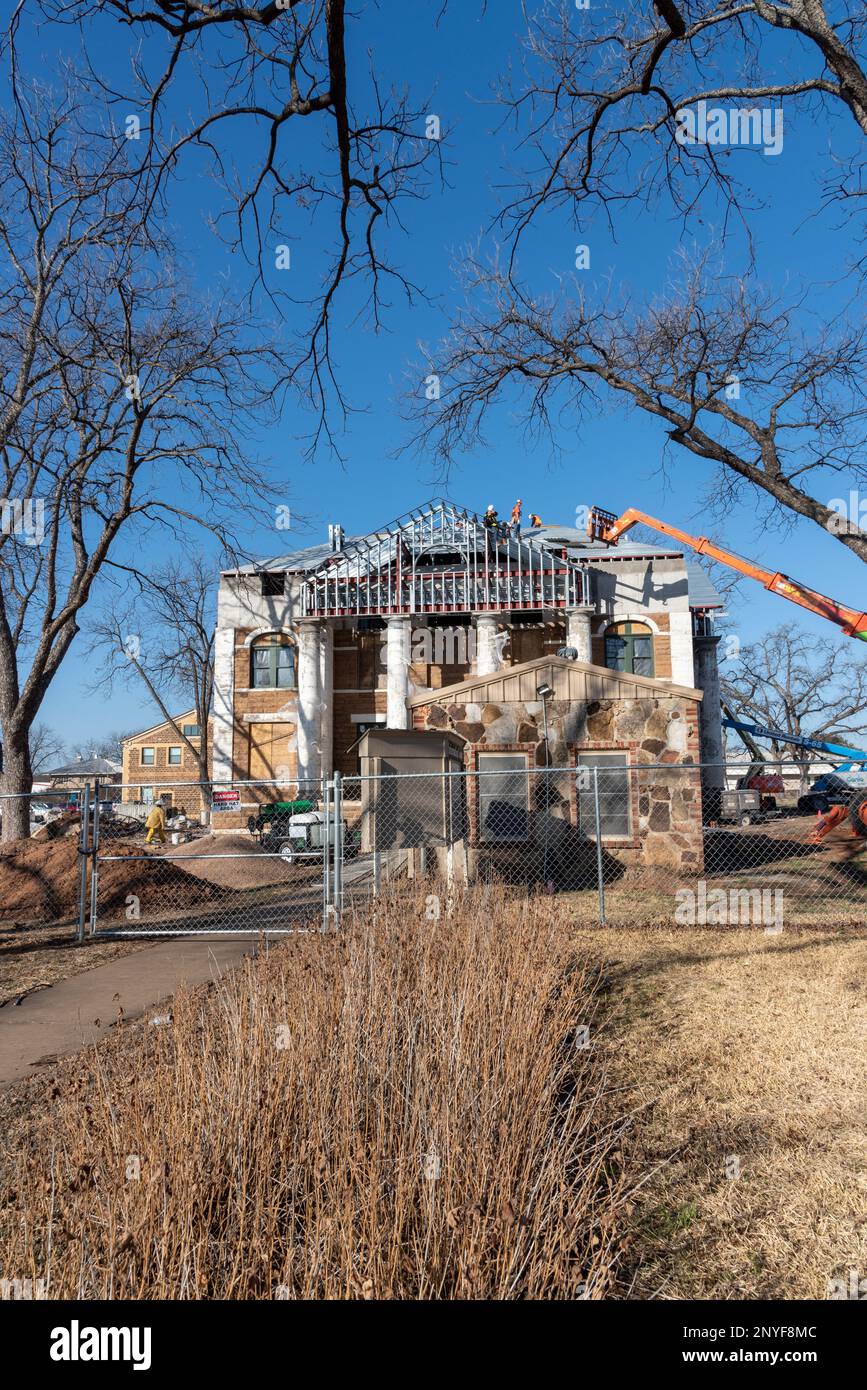 Mason County Courthouse under construction after a fire destroyed much of the original historic building, Mason, Texas, United States, USA. Stock Photo