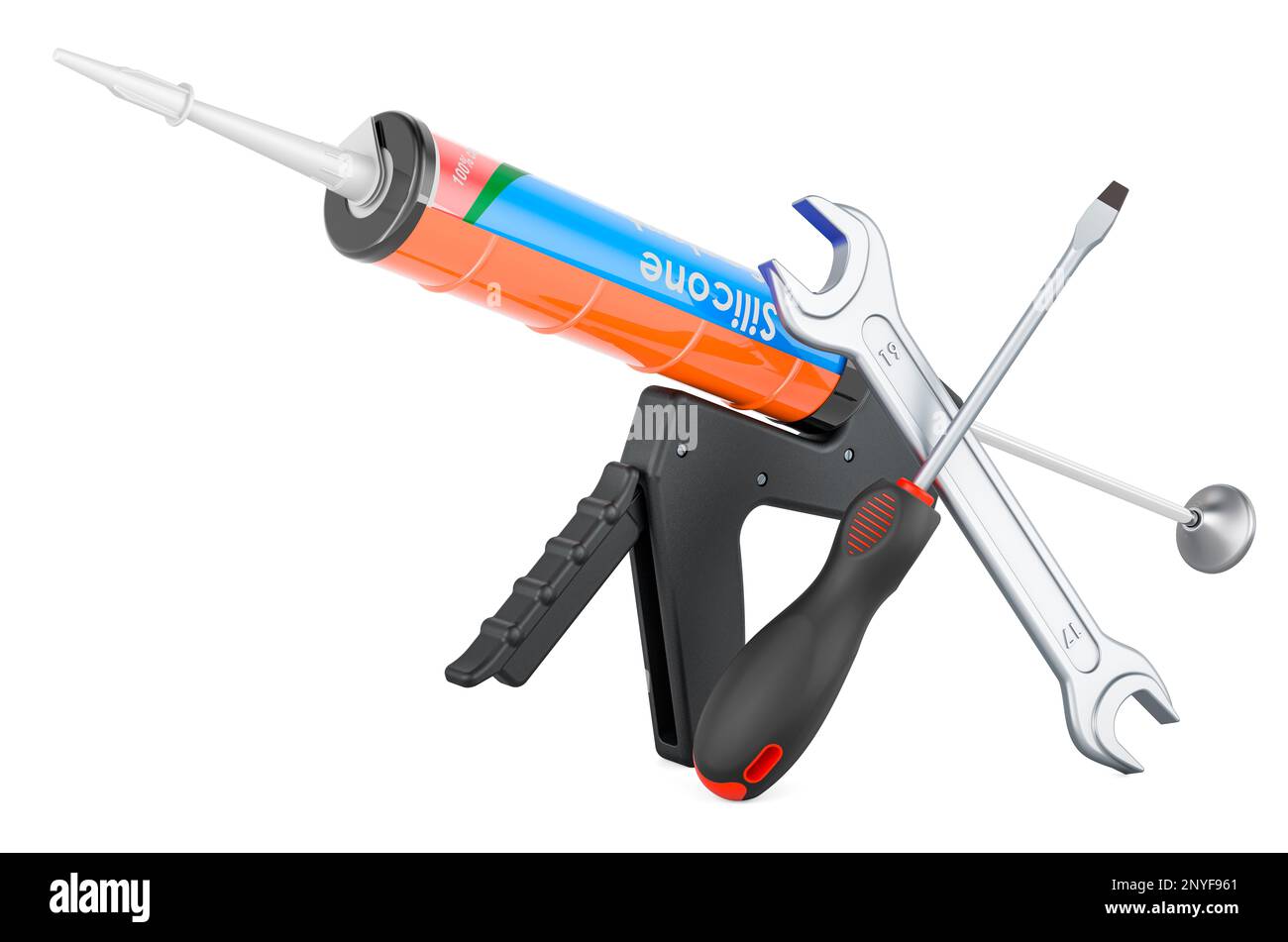 Sealant gun with silicone sealant tube with screwdriver and wrench, 3D