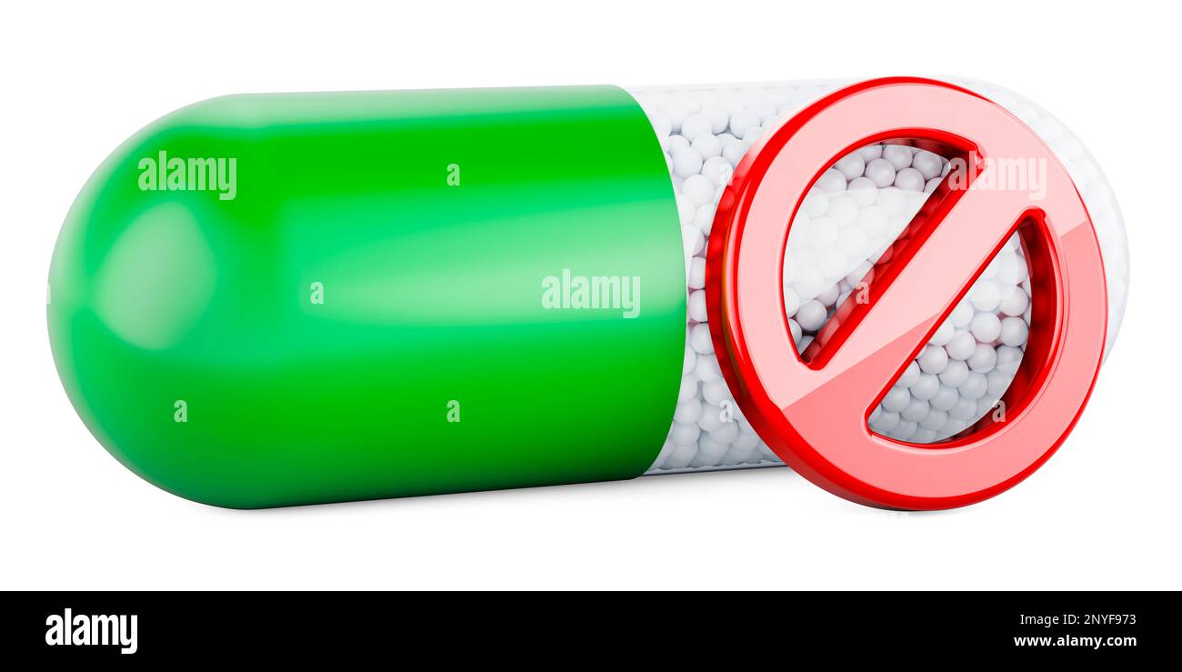 Medicament capsule with forbidden symbol, 3D rendering isolated on ...