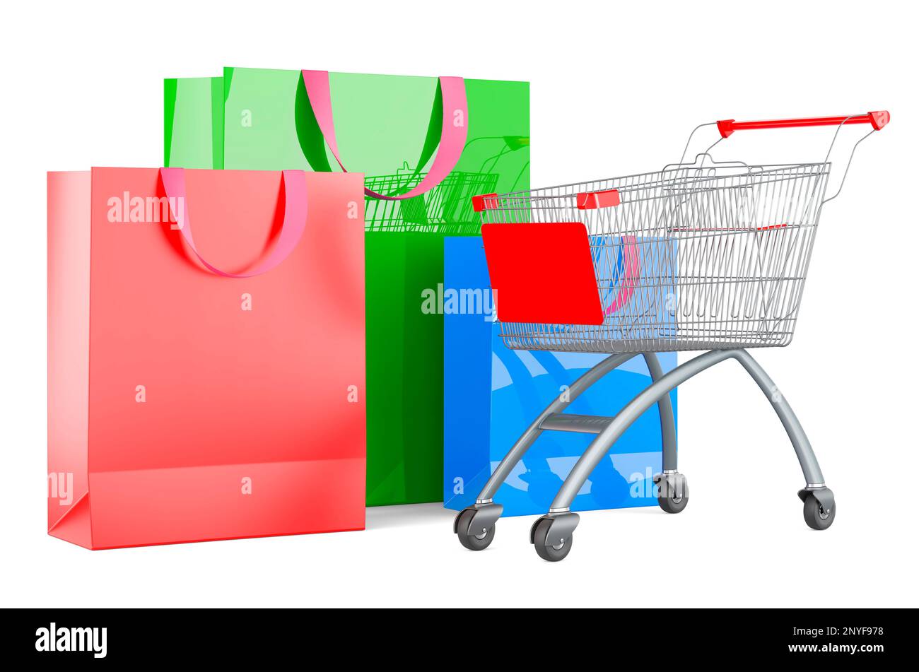 Shopping bags with shopping cart, 3D rendering isolated on white ...