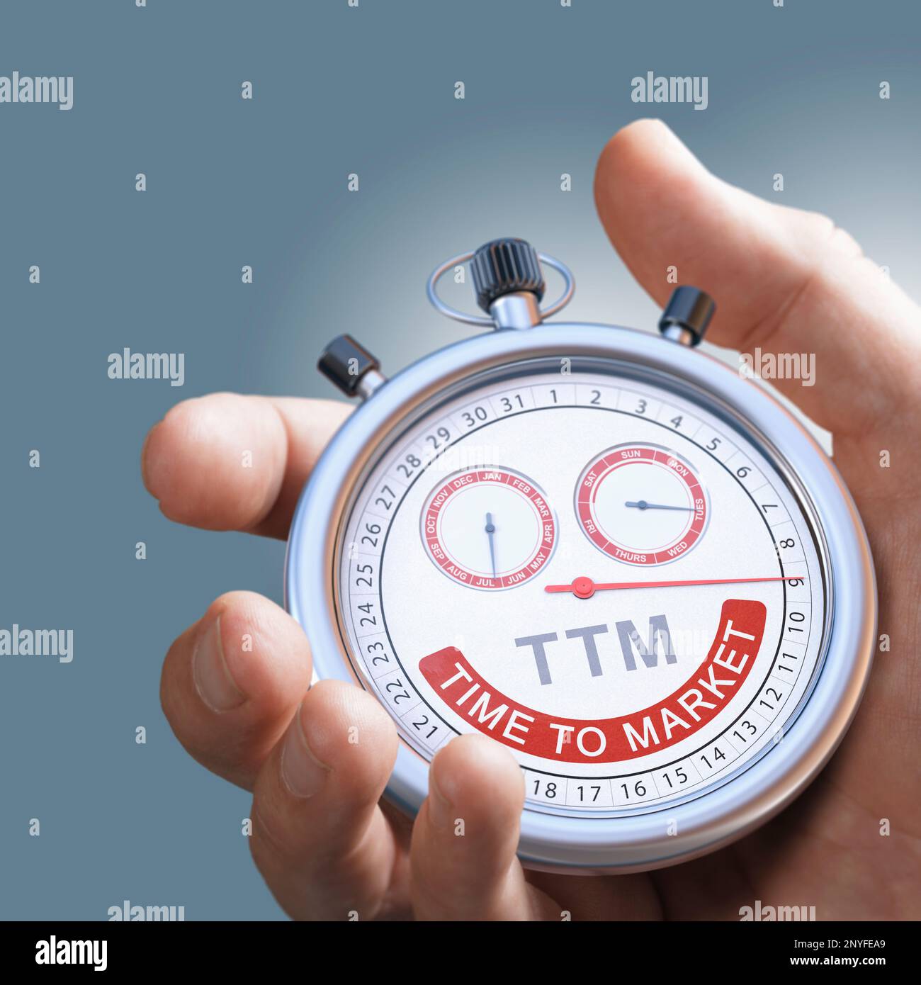 Hand holding a conceptual stopwatch with the accronym TTM Time To Market with copy space. Stock Photo