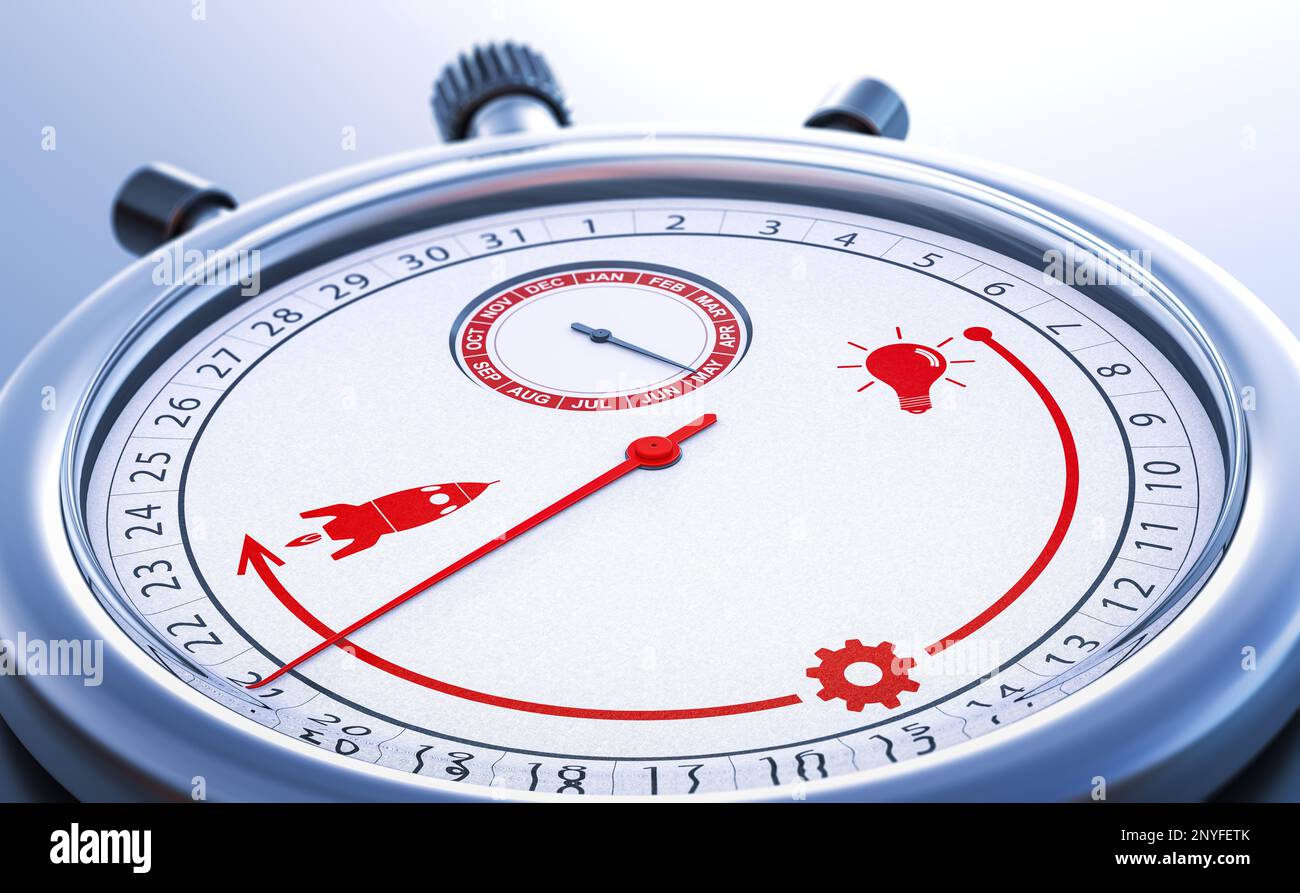 Conceptual stopwatch describing the time to create, develop and launch a new project. TTM, Time To Market and project management concept. 3d illustrat Stock Photo
