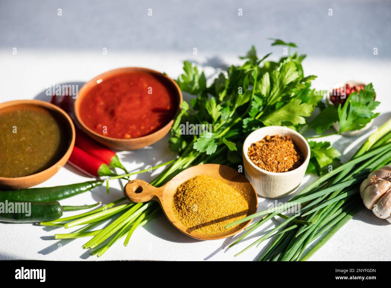 Traditional Georgian food concept with spices, sauces on white table Stock Photo