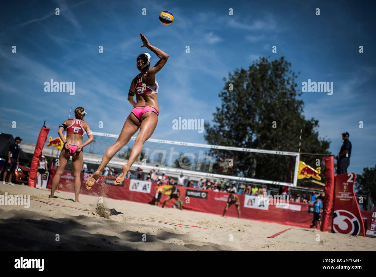 Tanja Hüberli and Nina Betschart of Switzerland compete against Brandie  Wilkerson and Heather Bansley of Canada during the Beach Volleyball World  Championships in Vienna, Austria on July 31, 2017. // Joerg Mitter/